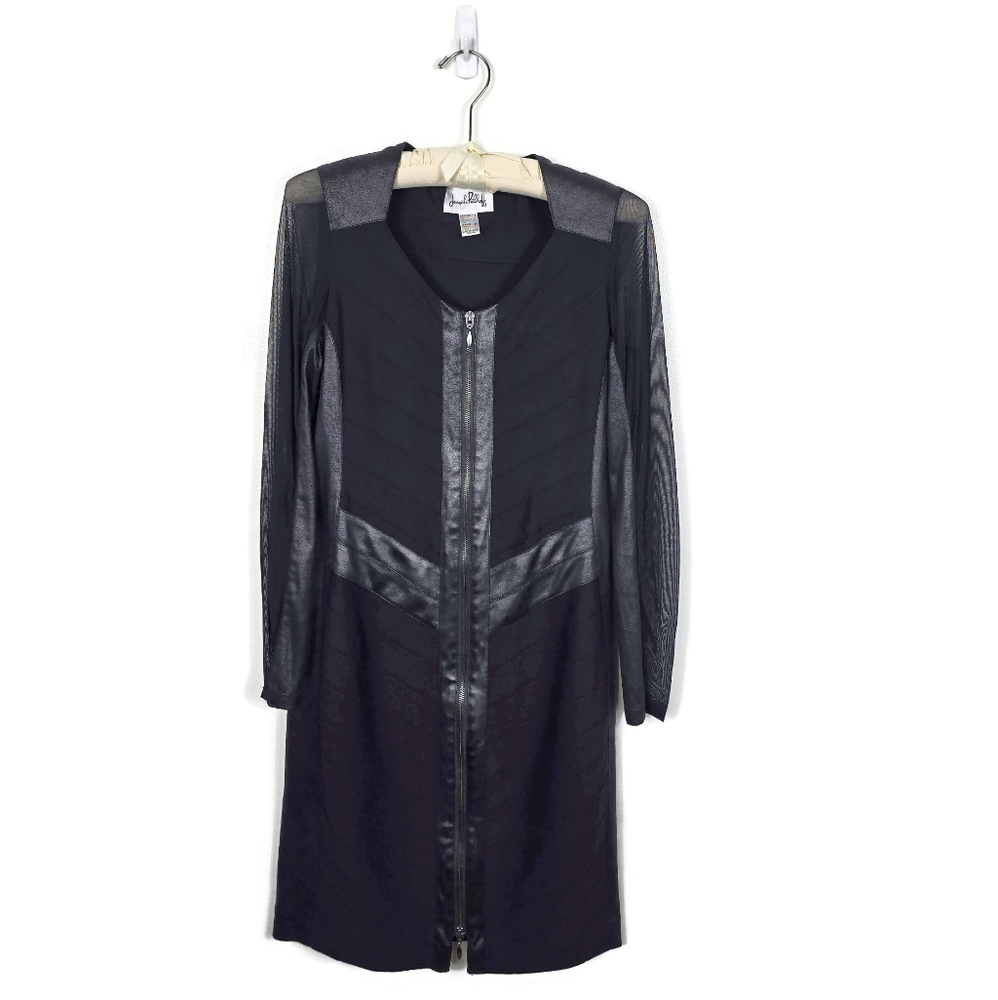 Vintage Joseph Ribkoff Bandage Long Mesh Sleeve Faux Leather Dress Black 8